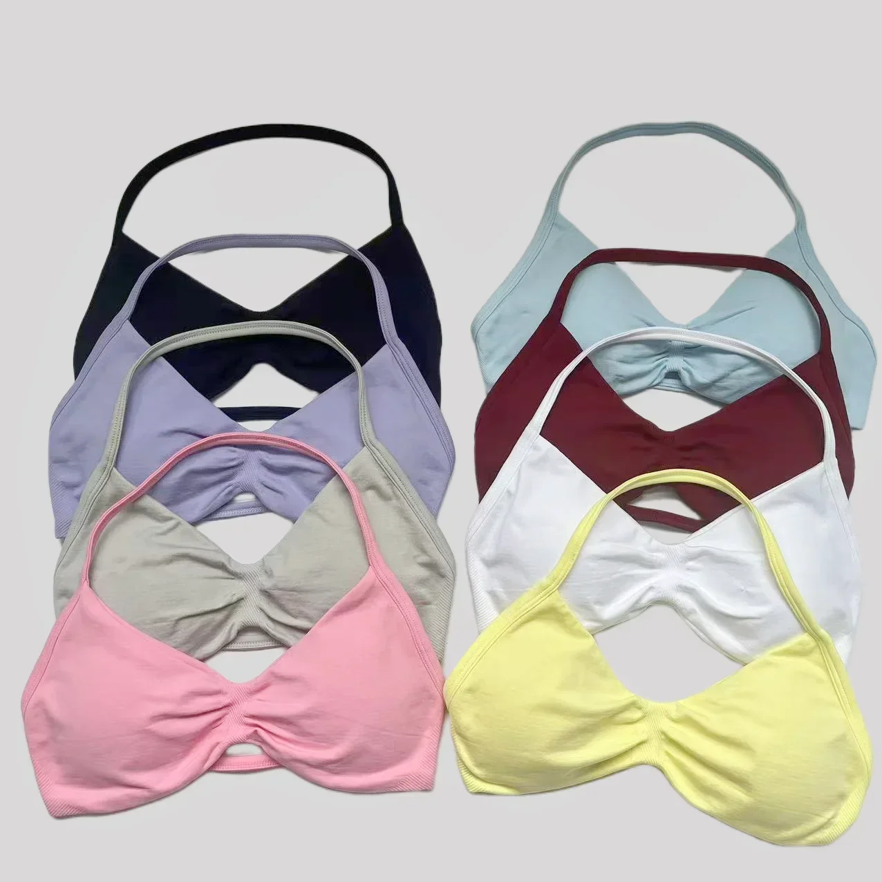 

WHENG V-Neck Lace-Up Bra Women's Low Support Pleated Halter Sports Bra Sexy Gym Crop Top Padded Seamless Workout Yoga Vest