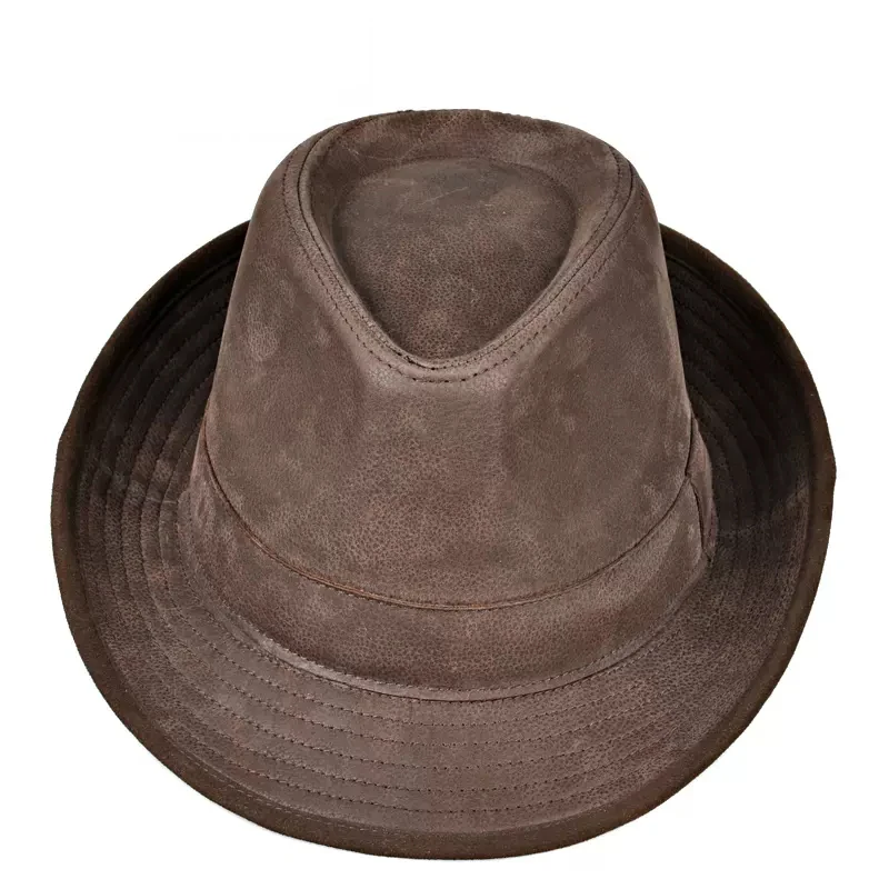 High Quality Nubuck Leather Jazz Fedora Cap Men Vintage Gentleman Cow Skin Suede Edge Short Brim Top Hat Male Shows Topper 60CM