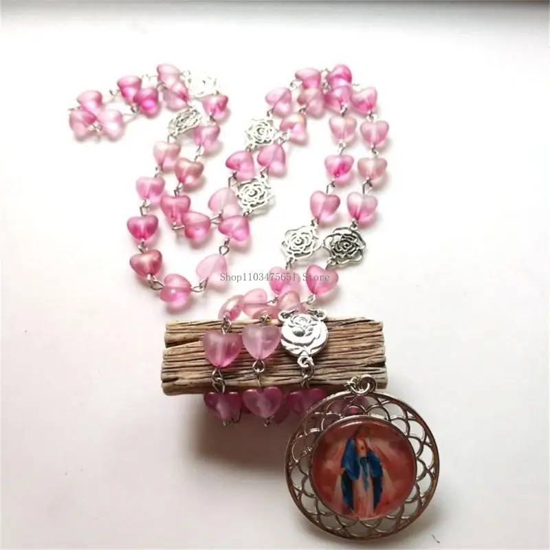  Rose and Heart Beads Glass Pendant Rosary Necklace with Glass Pendant Christian Prayer Believers Neckwear for Parties
