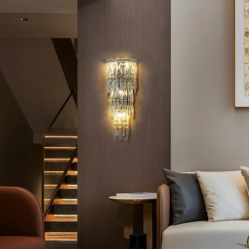 Home Wall Light / Indoor Staircase Light – Modern Silver Crystal Wall Lamp; suitable for bedrooms, living rooms, hallways, and dining rooms; indoor LED wall light for bathroom lighting and décor (bulb not included).