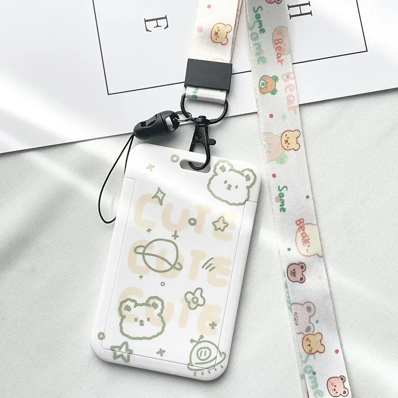 Funda con cordón para tarjetas de comida, funda con estampado de animales para estudiantes, autobús, trabajo de dibujos animados, tarjetero de crédito