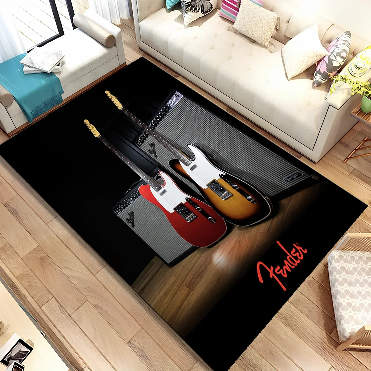 Music Fender Sign Retro Guitar Bass Instrument Carpet Rug for Living Room Bedroom Home Sofa Decoration,Kids Non-slip Floor Mat