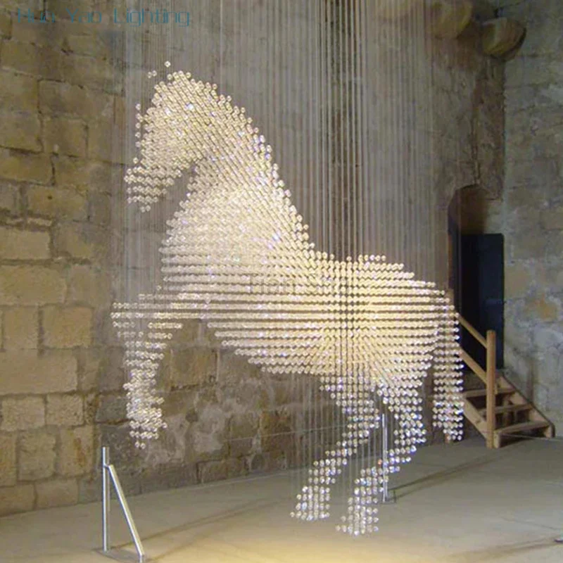 Customized Horse Sculpture Hotel Lobby Villa Salon Decoration Large Project LED Crystal Pendant Lighting Device
