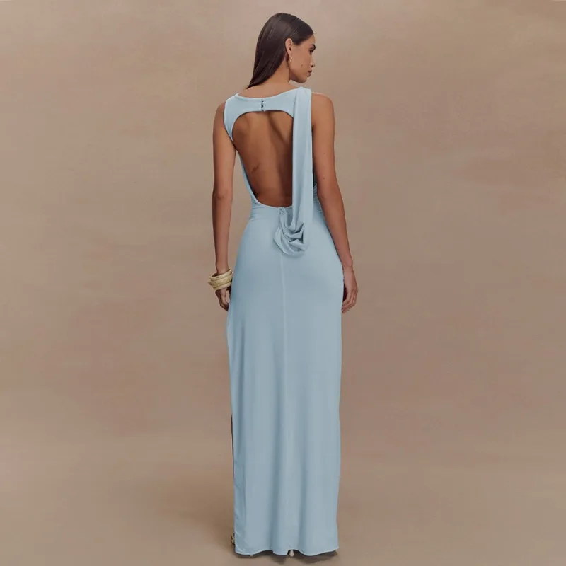 EOENKKY Backless Increspato Elegante Abito Lungo Abito Da Donna Estate Nuovo O Collo Coscia Alta Divisa Aderente Sexy Maxi Vestito Dal Carro Armato di Modo