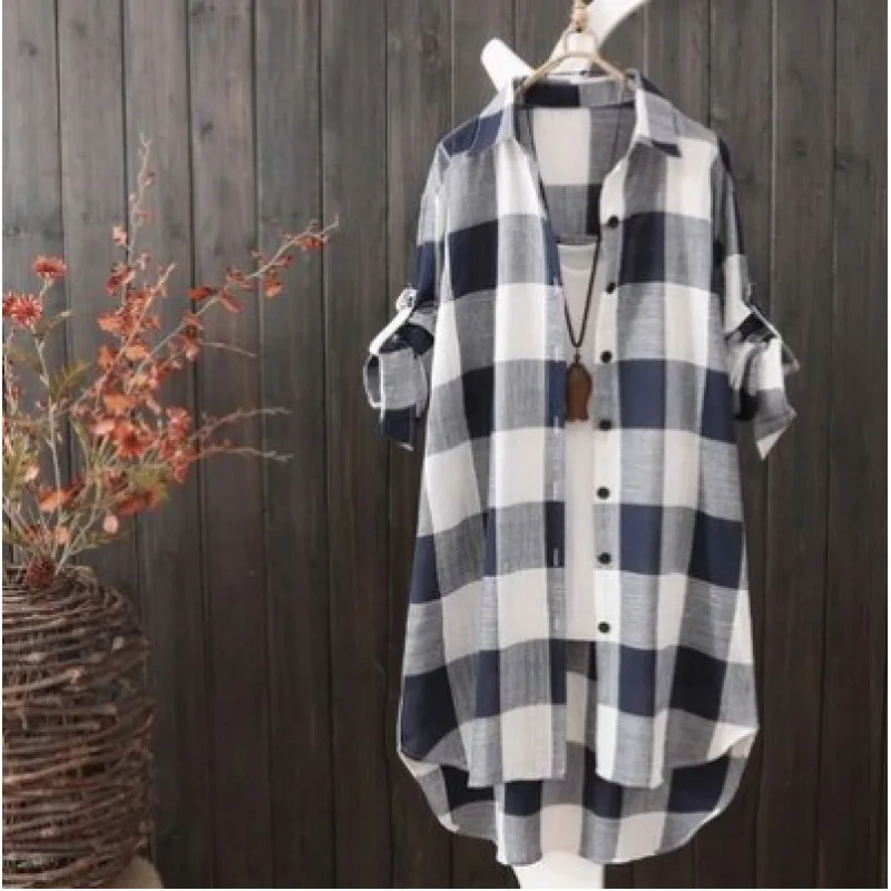 New Women\'s 2024 Summer Patchwork Square Collar Button Plaid Fashion Loose All-match Mid Length Long Sleeved Blouses Shirts