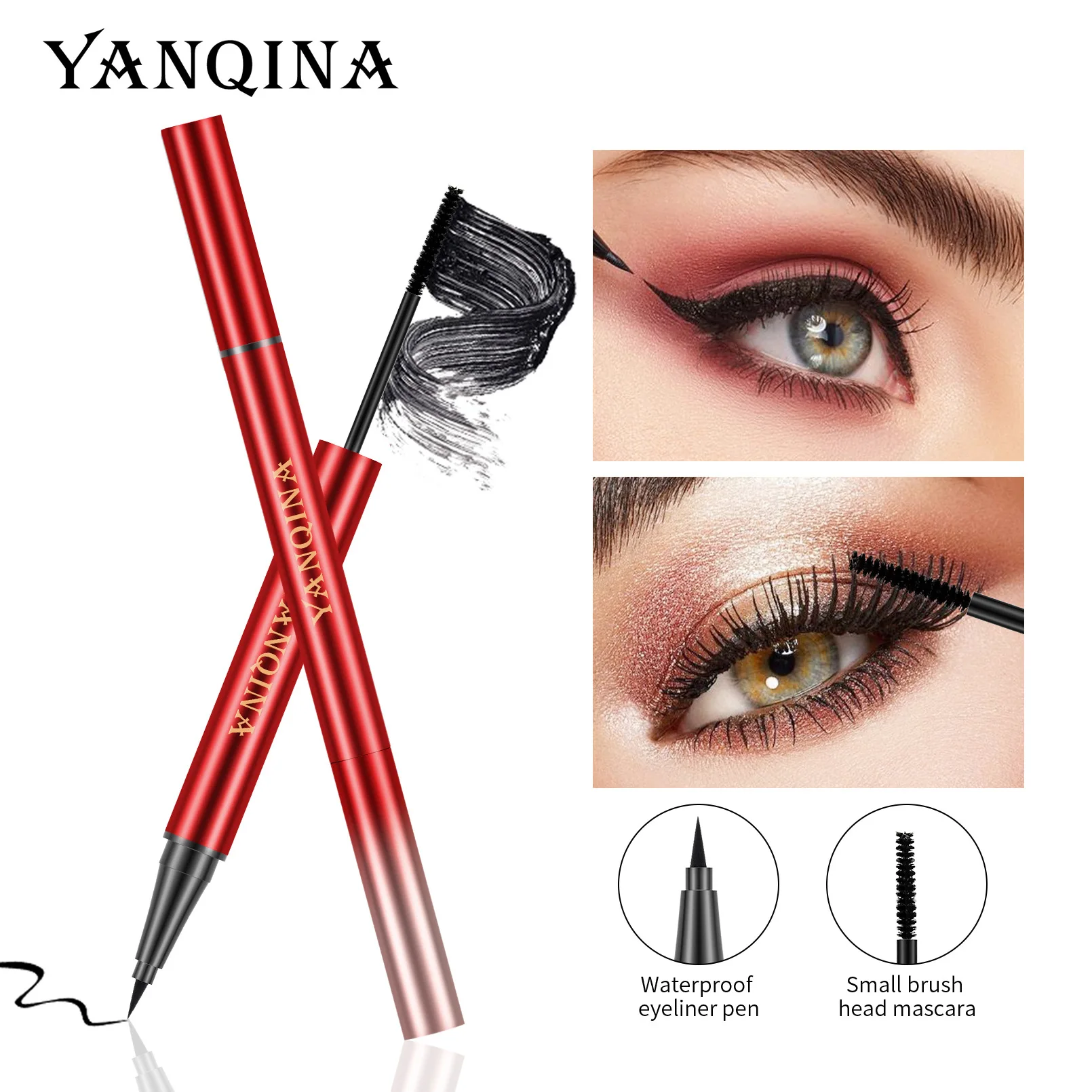 

Two in one waterproof eyeliner pen 3D fast drying non smudging thick curly slender double head eye black affordable student girl