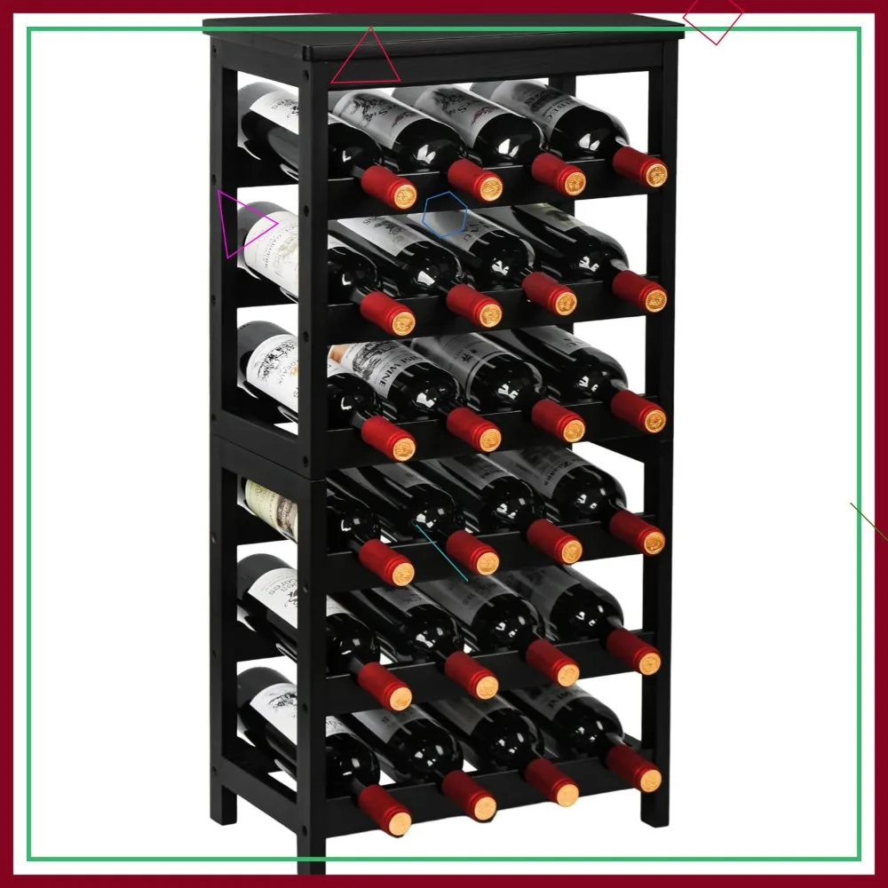 

6-Tier Bamboo Wine Rack with Table Top, Holds 24 Bottles for Kitchen Bar Living Room, Black