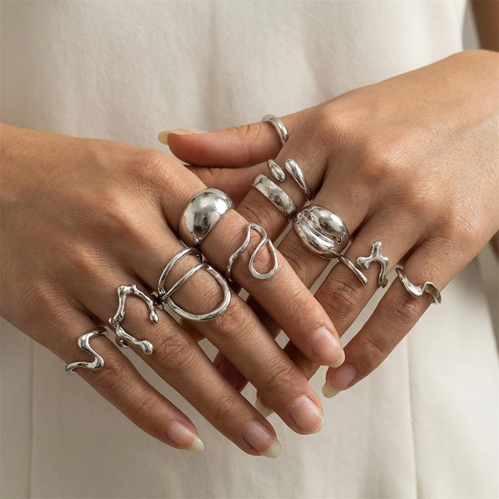 15PCS/Set Cool Oversized Smooth Abstract Lava Line Ring Set Women's Trendy Geometric Stacking Finger Ring Accessories