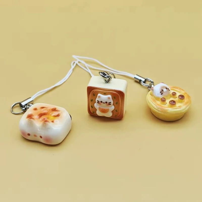 3pcs Set Japanese Style Cute Cat Bread Phone Charms Kitten Toast Keychains Kawaii Lanyard Pendant for Bags Perfect Gift