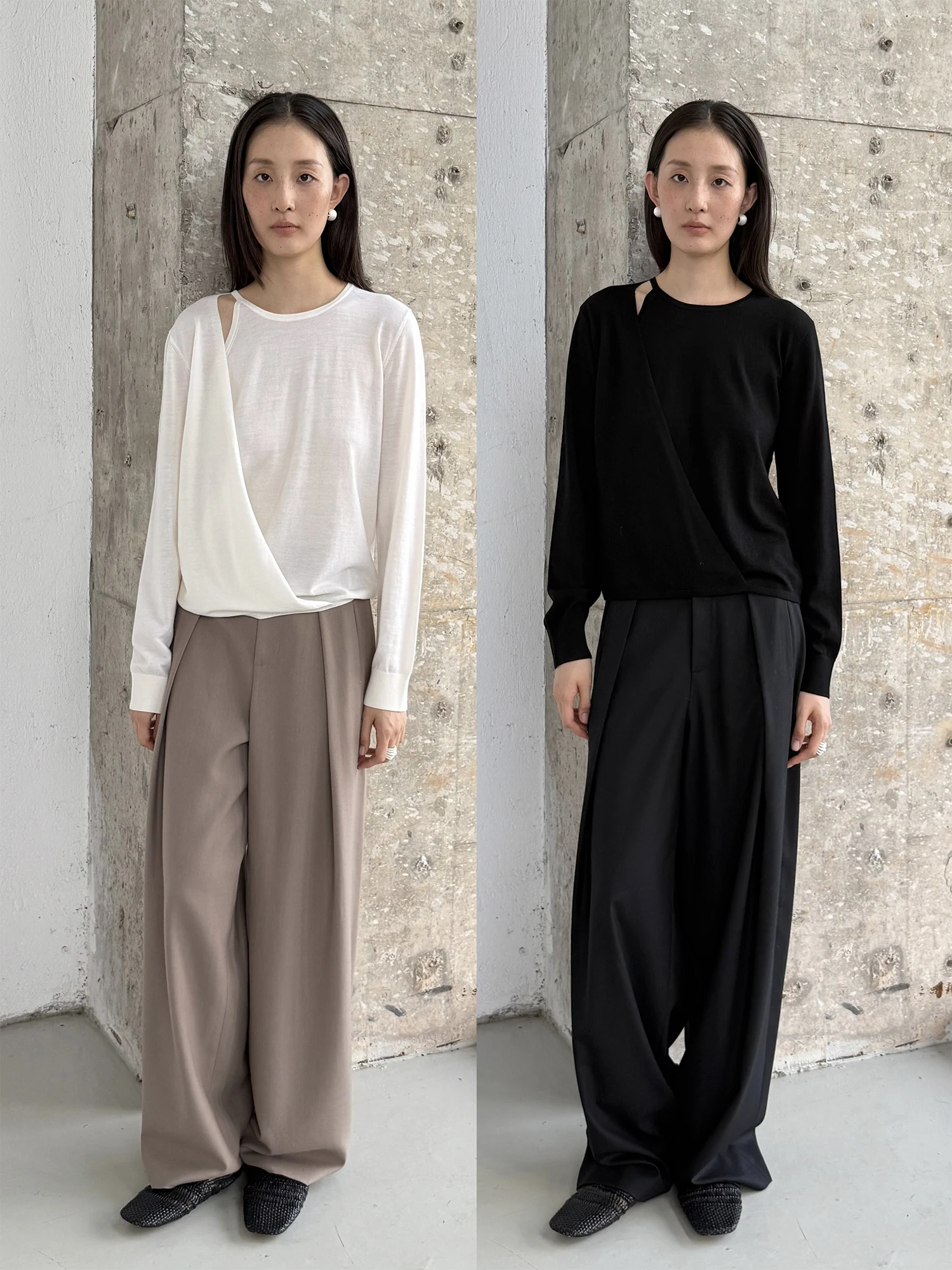 

Lesatins Handmade Pleated Wide Leg Slimming Pants Woolen Casual Trousers High Waist Lengthened Polyester 50% Wool 50%