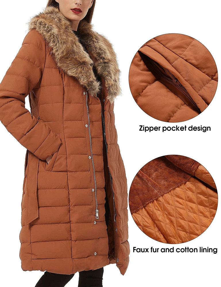 Giolshon Leather Puffer Jacket For Women Winter Bubble Padding Long Puffer Coats With Detachable Faux Fur Collar