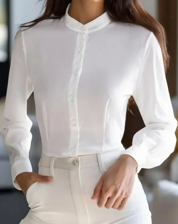 

2025 Autumn/Winter New Women's Fashion Casual Solid Color Temperament Commuter Stand Collar Button Long Sleeve Women's Shirt Top