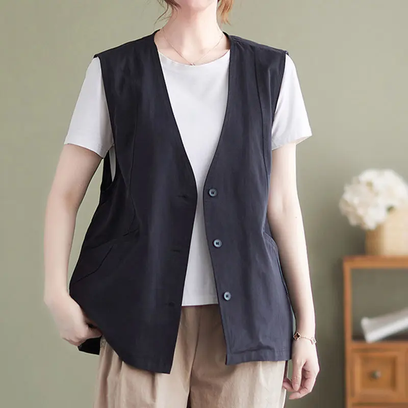 

Idopy Women`s Linen Cotton Vest Business Offical Cute 3 Buttons Waistcoat Lightweight Sleeveless Breathable Tops For Lady