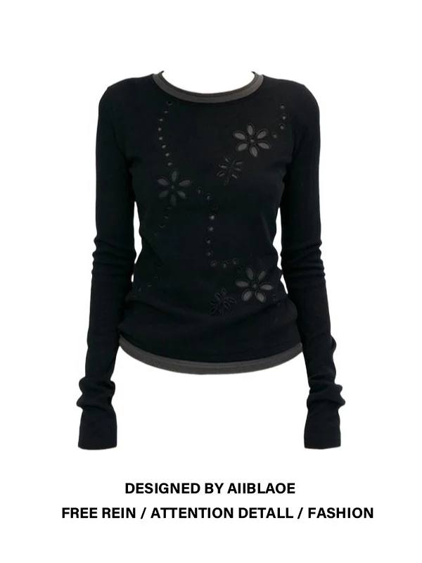 

Женская футболка больших размеров с длинным рукавом, вышивкой и круглым вырезом, приталенная, повседневная, осенне-зимняя, с цветочным принтом