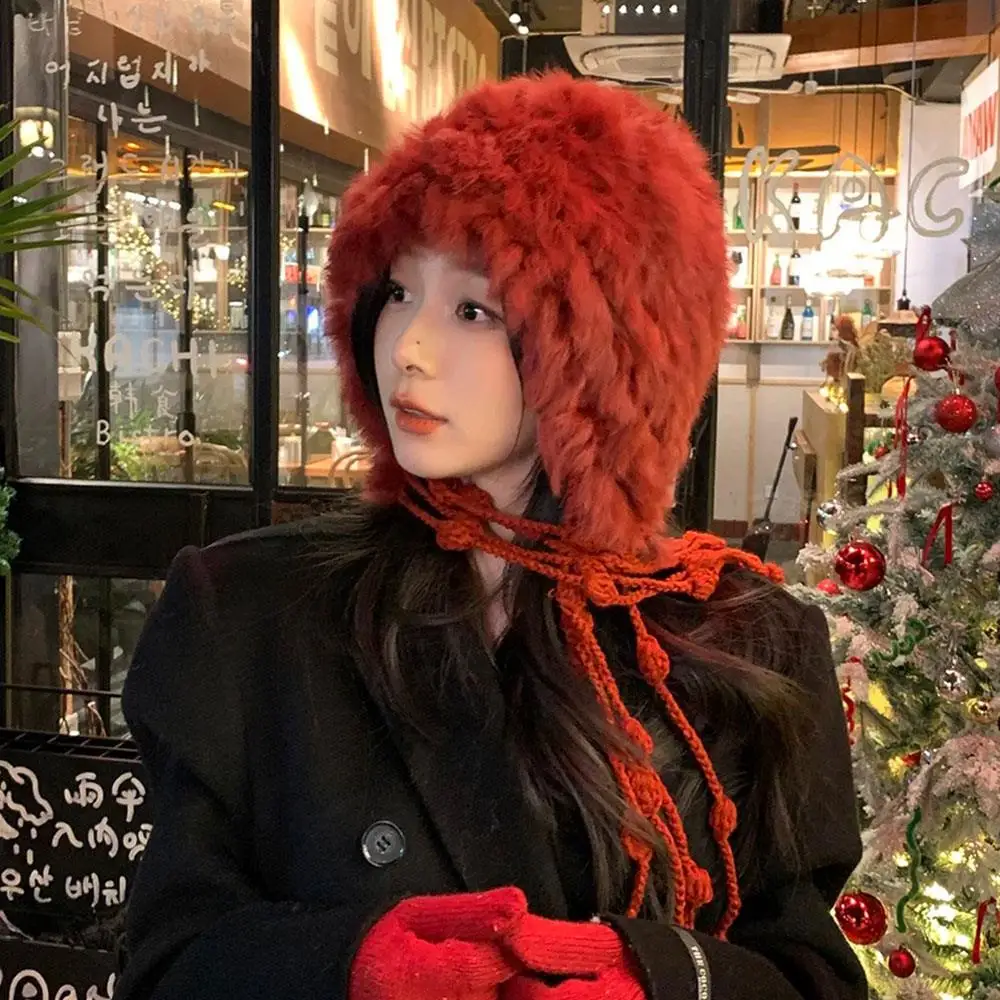 Плюшевая шапка-балаклава из искусственного кроличьего меха, вязаная шапка, теплая шапка с кисточками на шнурке, уличная ветрозащитная шапка-ушанка, зимняя холодная шапка