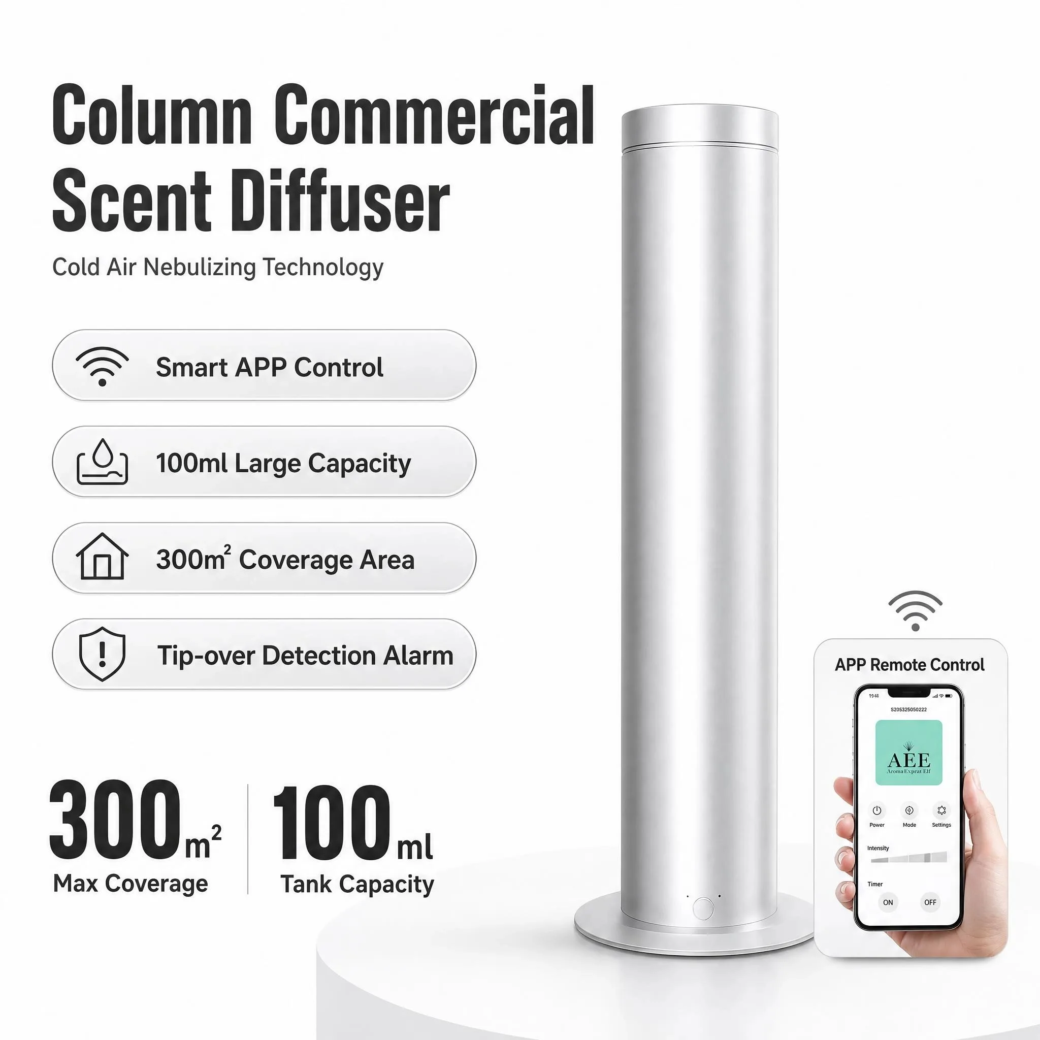 Column Commercial Scent Diffuser 100ml Smart APP Bluetooth Cold Air Nebulizing Heat-Free Tip-Over Alarm for Hotel Office