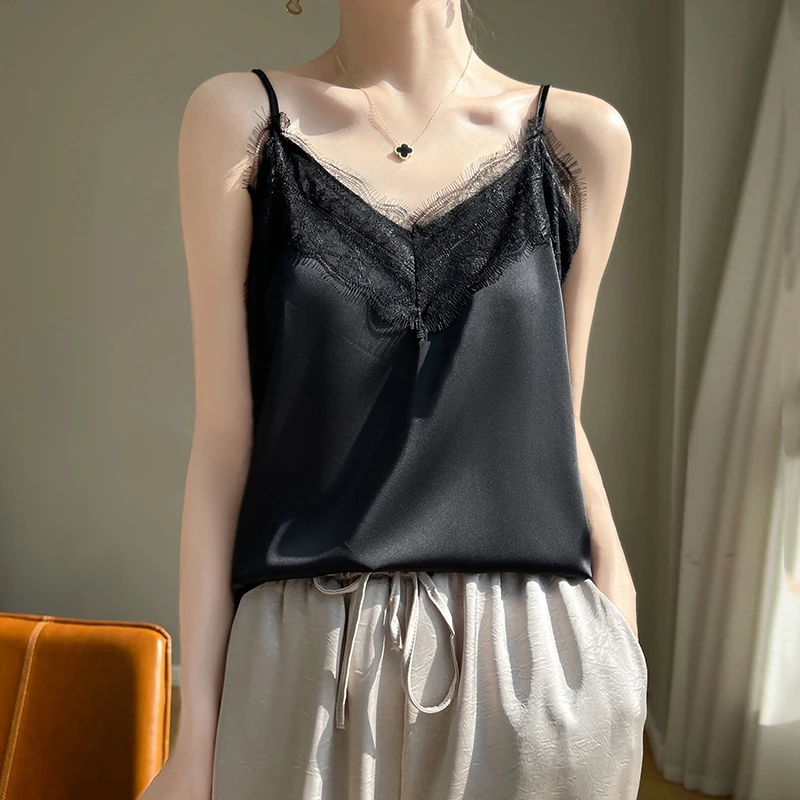 Summer 2025 New Silk Satin V-Neck Suspender Vest For Ladies Sexy Lace Sling Fashion Mulberry Silk Suits Internal Blouse RW D05