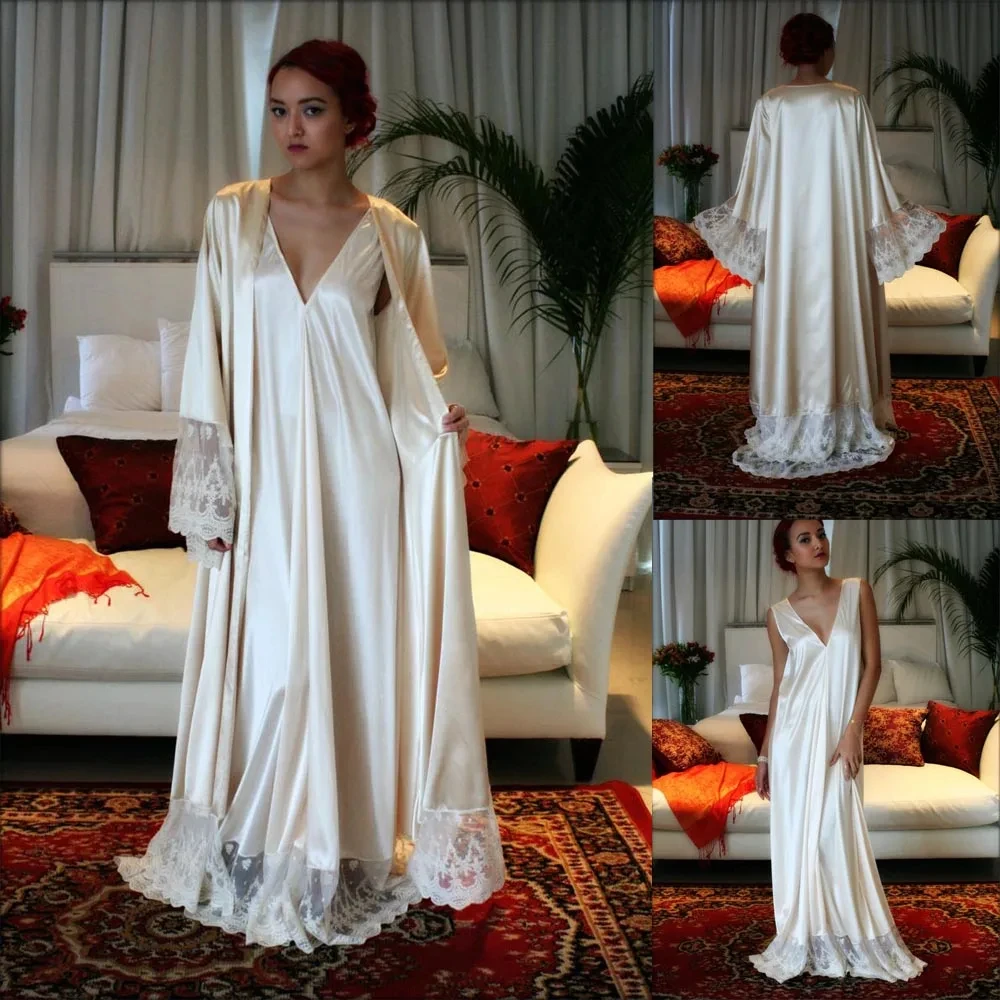 Modern Silk Bridal Robe Bathrobe For Women Dress 2 Pieces Lace Nightgown Pajamas Sleepwear Gowns Housecoat Nightwear Customized