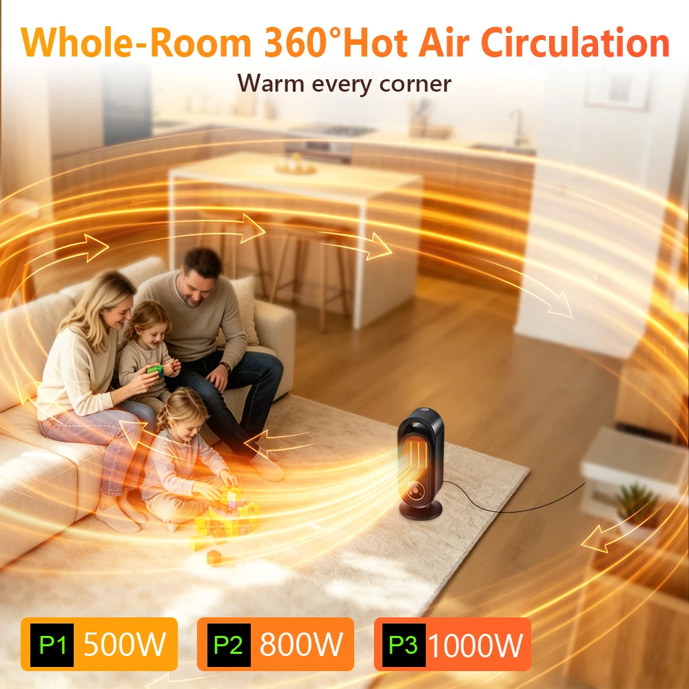 Portable Space Heater PTC Ceramic Fast Heating in 3s Quiet ≤36dB, 7-Layer Safety, Touch Control Desk Heater for Office Bedroom