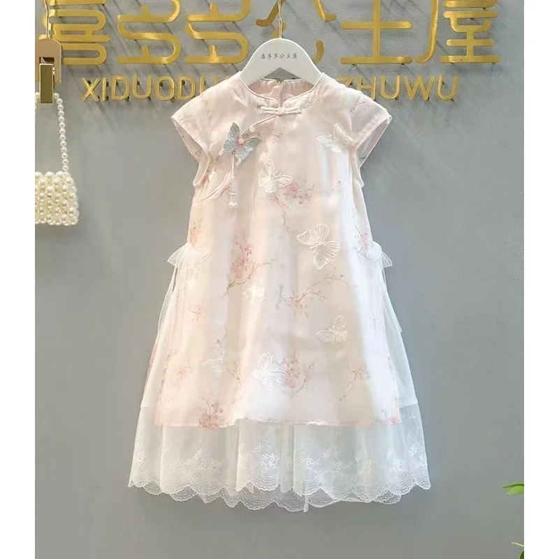 Girls' Cheongsam Dress Summer New Style Children's Short sleeved Sweet Lace Dress Chinese Style 100-160CM