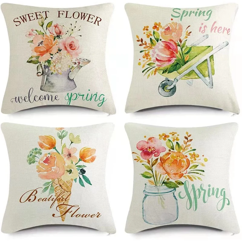 

Promotion! Farmhouse Spring Pillow Covers 18X18 Inch Set Of 4 Outdoor Throw Pillows Cushion Cases Spring Decorations For Couch