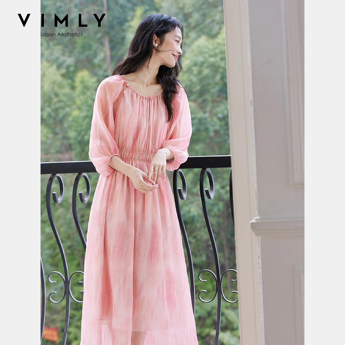 Women's Gradient Smudge Midi Dress - Puff Sleeve Draped Style