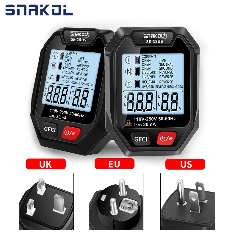 SNAKOL Outlet Socket Tester Digital Plug AC Voltage Detect 30mA RCD Test Polarity Phase Check Circuit Checker Bicolor Backlight