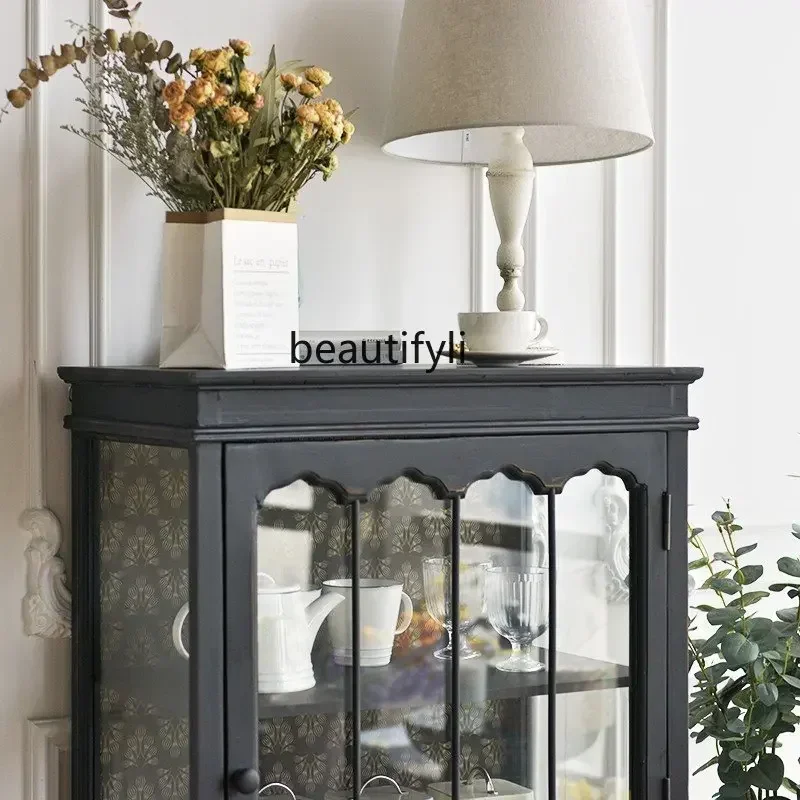 American Style French Style Vintage Black Pastoral Solid Wood Glass Dining Room Sideboard Storage Wine Cabinet