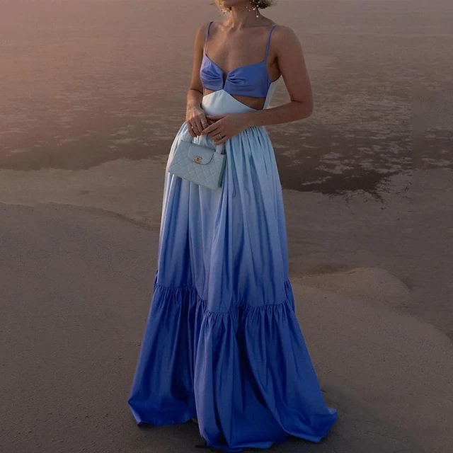 Ellafads Maxi Dress Women Elegant Sleeveless Suspender Ombre Hollow Out Backless Nipped Waist Party Long Dresses Streetwear AliExpress