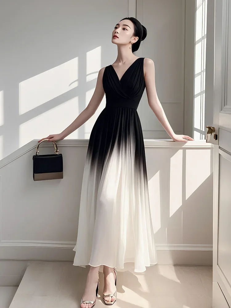 Hot sale 25 non-collision style black and white gradient sleeveless dress female unique beautiful temperament chiffon long skirt