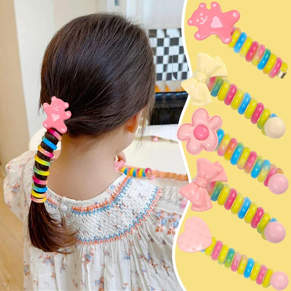 5pcs/set Kawaii Telephone Wire Hair Bands Rubber Children Colorful Cartoon Ponytail Elastic Hair Ties Scrunchies Headbands