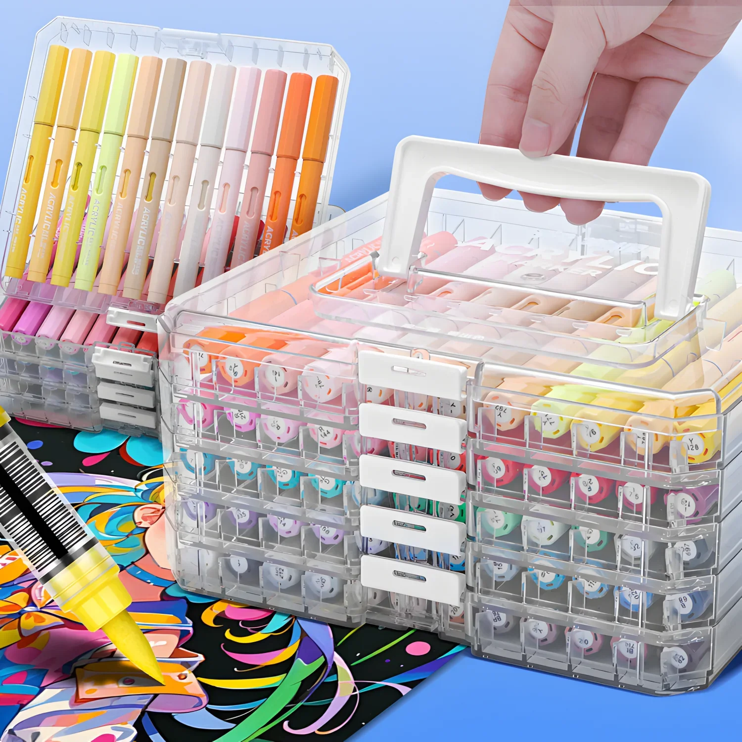 

24/36/48/60/84 Colors Automatic Ink Control Acrylic Paint Markers, With Layered Storage Box,Brush Tip Acrylic Paint Pens