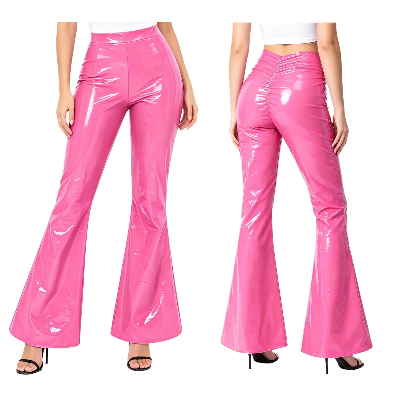 Women Fashion High Waist Ruched Zipper Wet Look Patent Leather Flared Pants Motorcycle Trousers Nightclub Rave Party Clubwear