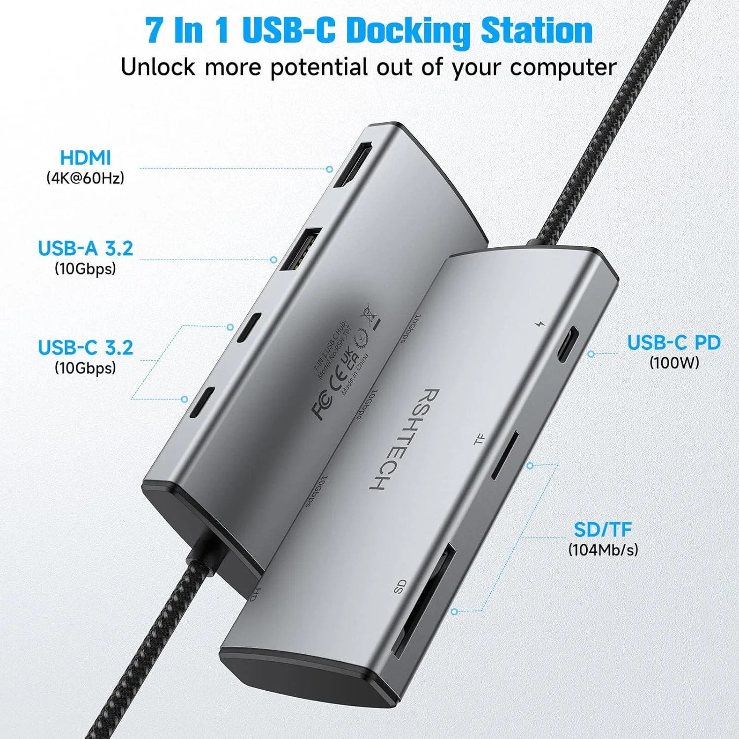 RSHTECH 10Gbps USB C Hub 7-in-1 Multiport Adapter with 4K HDMI 100W PD SD/TF Aluminum USB Hub for MacBook Air M1/M2 Surface XPS