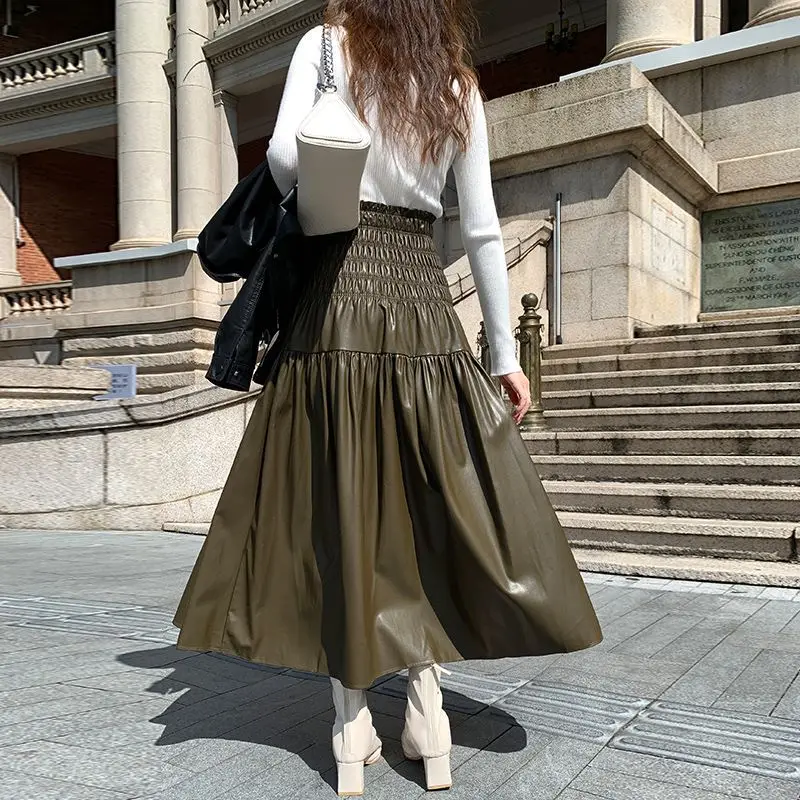 Qiukichonson PU Autumn Winter Long Skirt Korean Fashion Elegant Ladies Elastic High Waist A-Line Midi Pleated Skirt Black Gonna