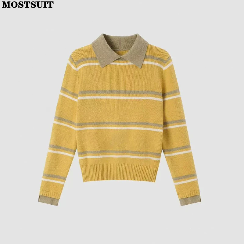 

Yellow Striped Knit Sweater Pullover Women 2026 Spring Long Sleeve Fashion Workwear Knitwear Tops Stylish Chic Ladies Jumpers