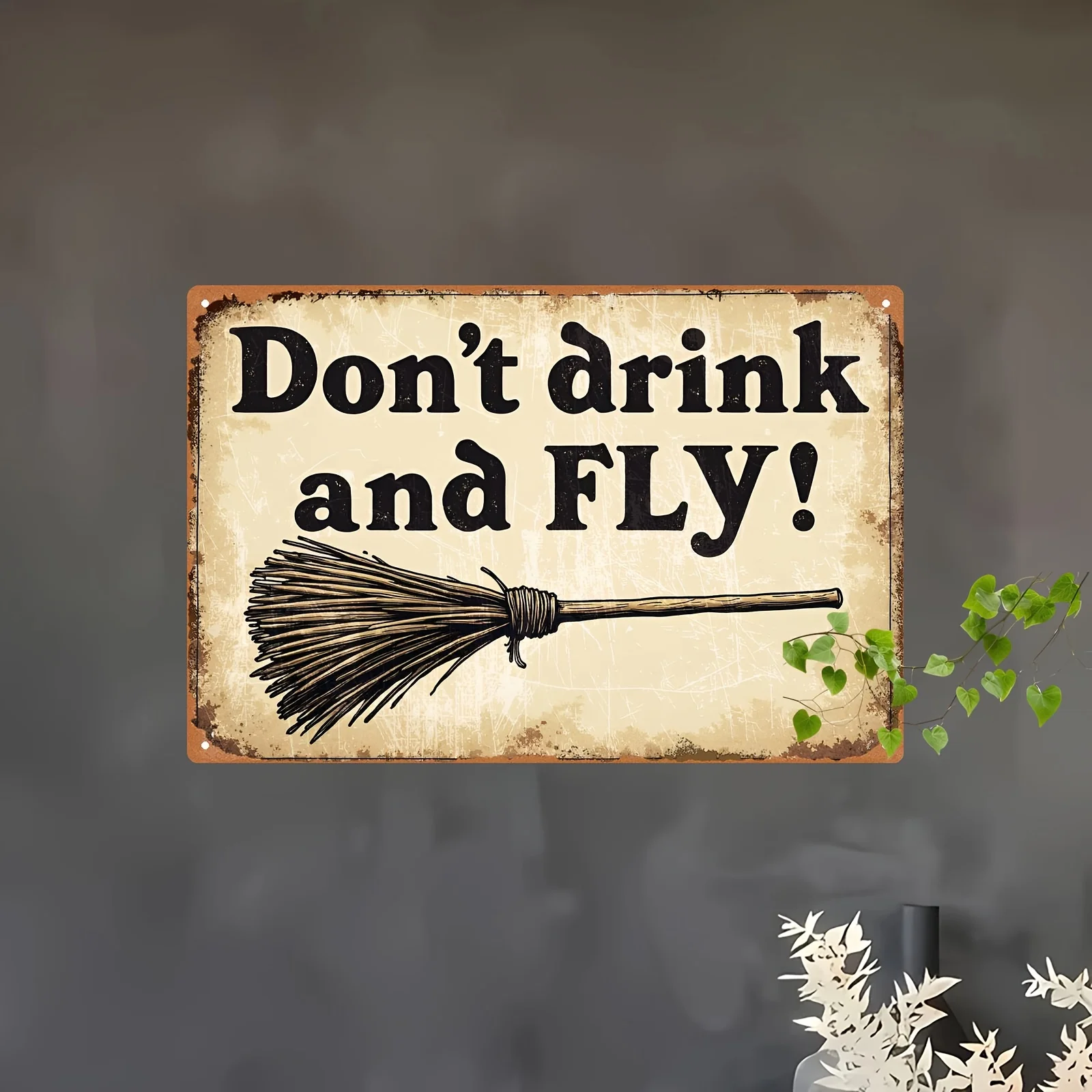 （2D Tin painting）Vintage Metal Sign - Funny Witch Broom Wall Art with The Text 