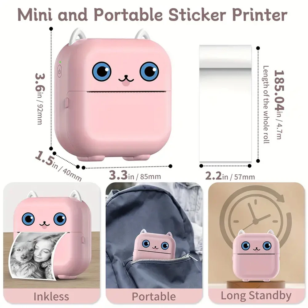 Mini Sticker Printer, Portable Thermal Printer,Bluetooth Free Cut Small Pocket Printer for Notes, Photos, Stickers, Labels Print