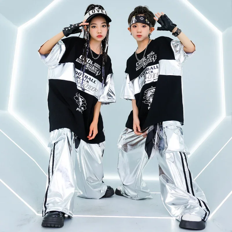 

Детская одежда в стиле хип-хоп K-pop, черная футболка большого размера, топы, серебряные повседневные брюки-карго для девочек и мальчиков, одежда для джазовых танцев, костюмная одежда