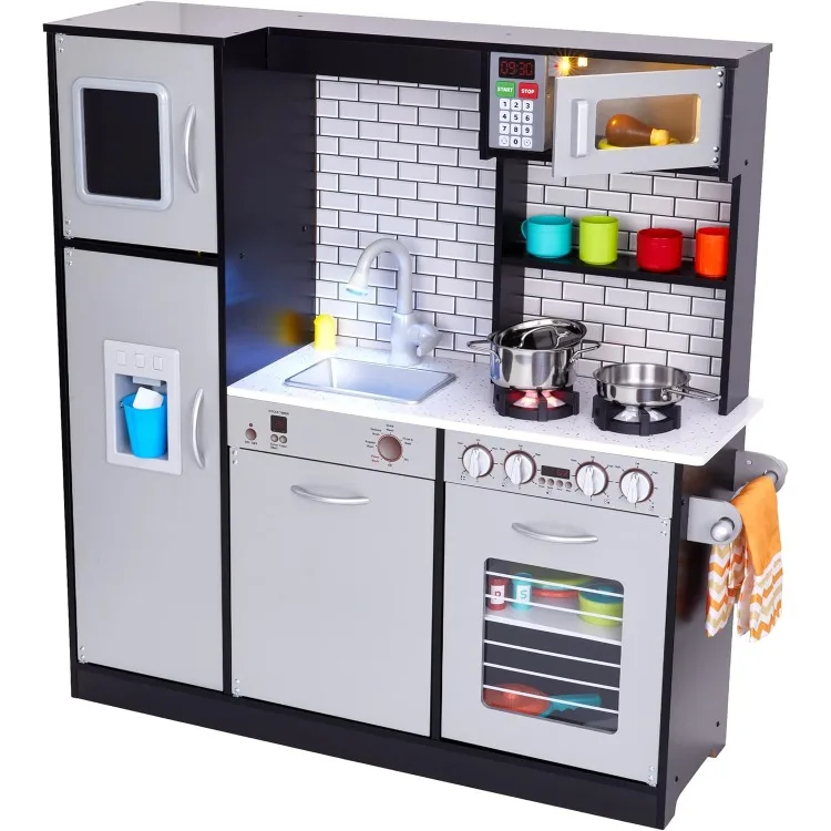 Kids Kitchen Set, Pretend Wooden Play Kitchen, Battery Operated Icemaker, Burners, Faucet & Microwave Makes Realistic Sound