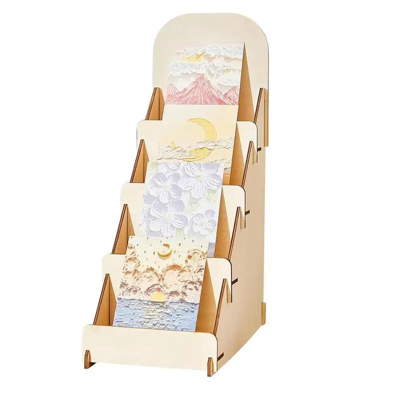 Greeting Card Display Rack 4 Tier Wooden Cardboard Card Display Stand Showcase Organizer For Cards Photos Sticker & Brochure