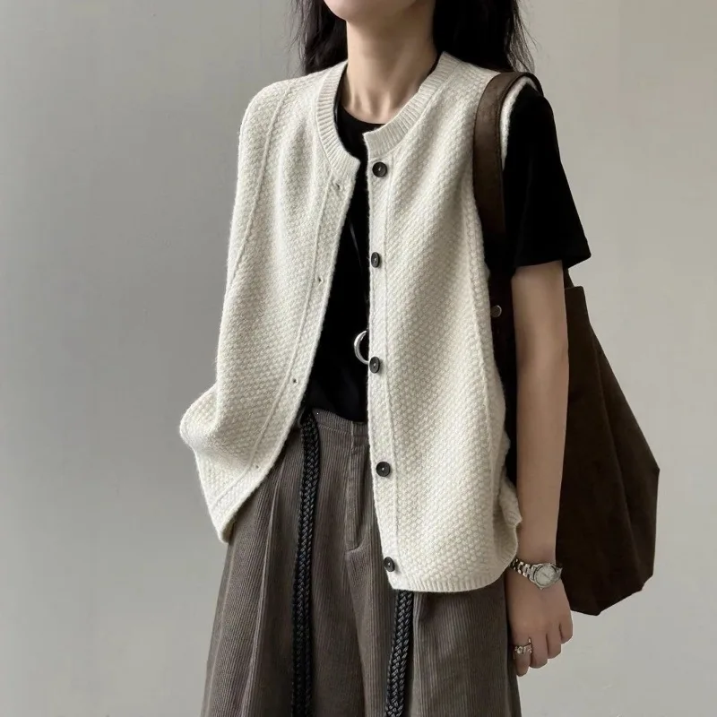 Ladies Solid Color Sleeveless Knit Cardigan Vest V Neckless Textured Weave Button Down Loose Fit Daily Wear Knit Sweater Tank