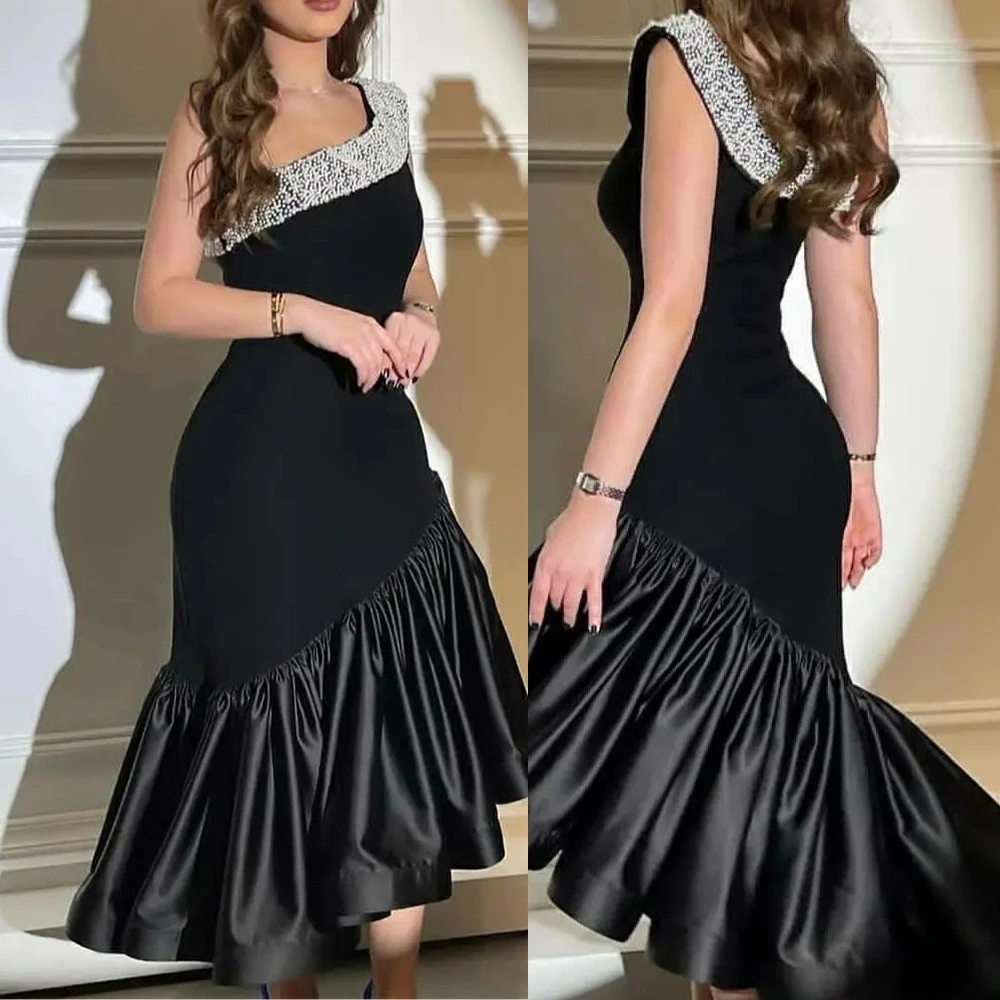 Customized Vintage Black One Shoulder Sleeveless Prom Gown Tulle Patchwork Backless Sheath Party Dress فساتين السهرة 2023 جديده