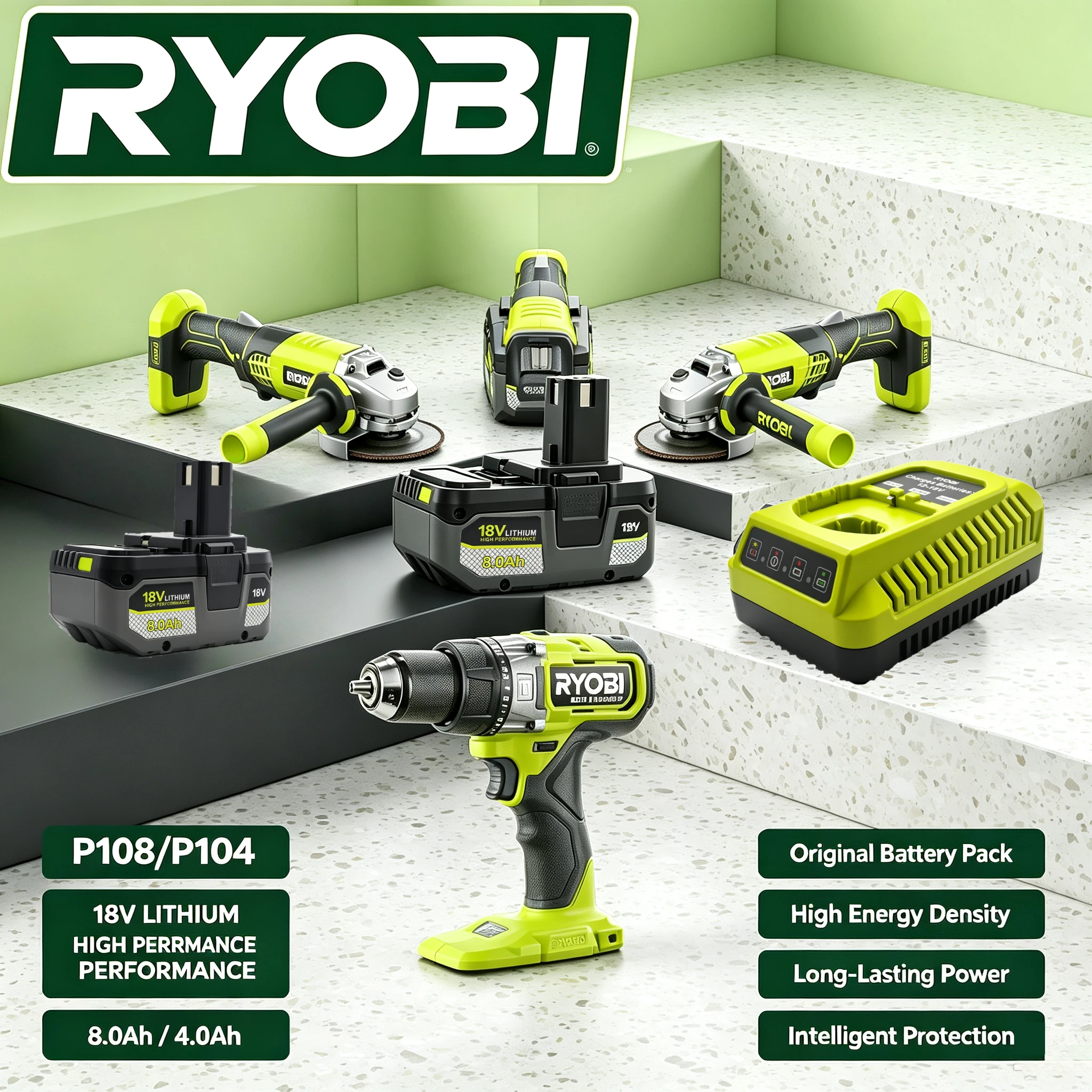 Ryobi ONE+ 18V 8.0Ah Li‑ion Battery, Replacement Fit P104 P108 P190,Robust Build Quality,For Household DIY  Cordless Power Tool
