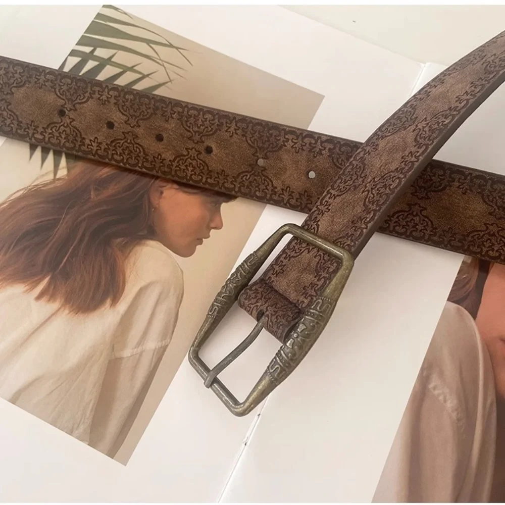 Fashion Y2K Retro Belt National Wind PU Jeans Belt Senior Sense Brown Wide Waist Strap