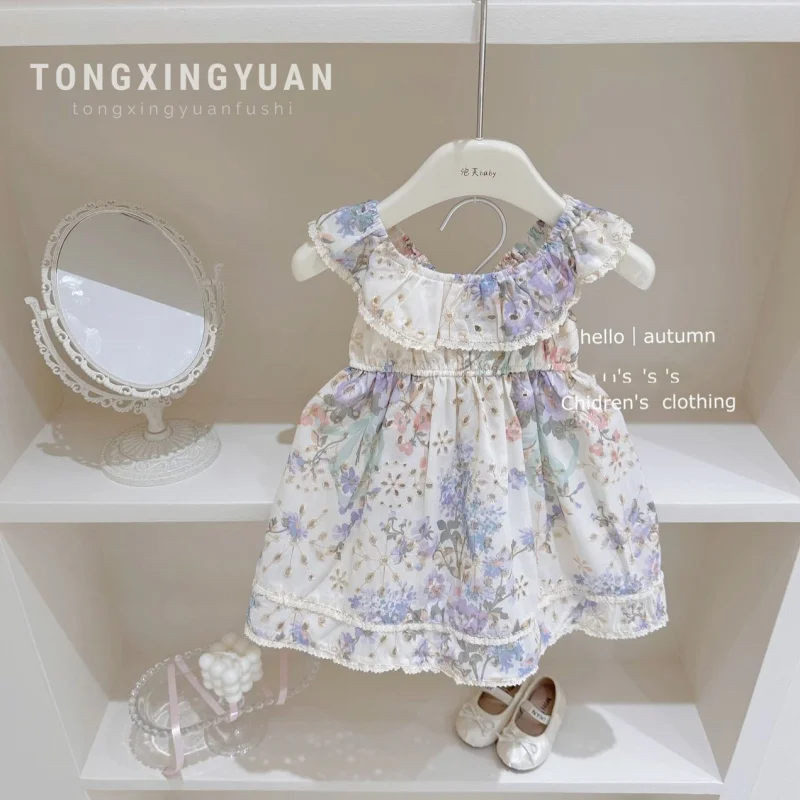

Girls2025Summer French Style Floral Skirt Baby's Printed Sleeveless Dress Dress Princess Style