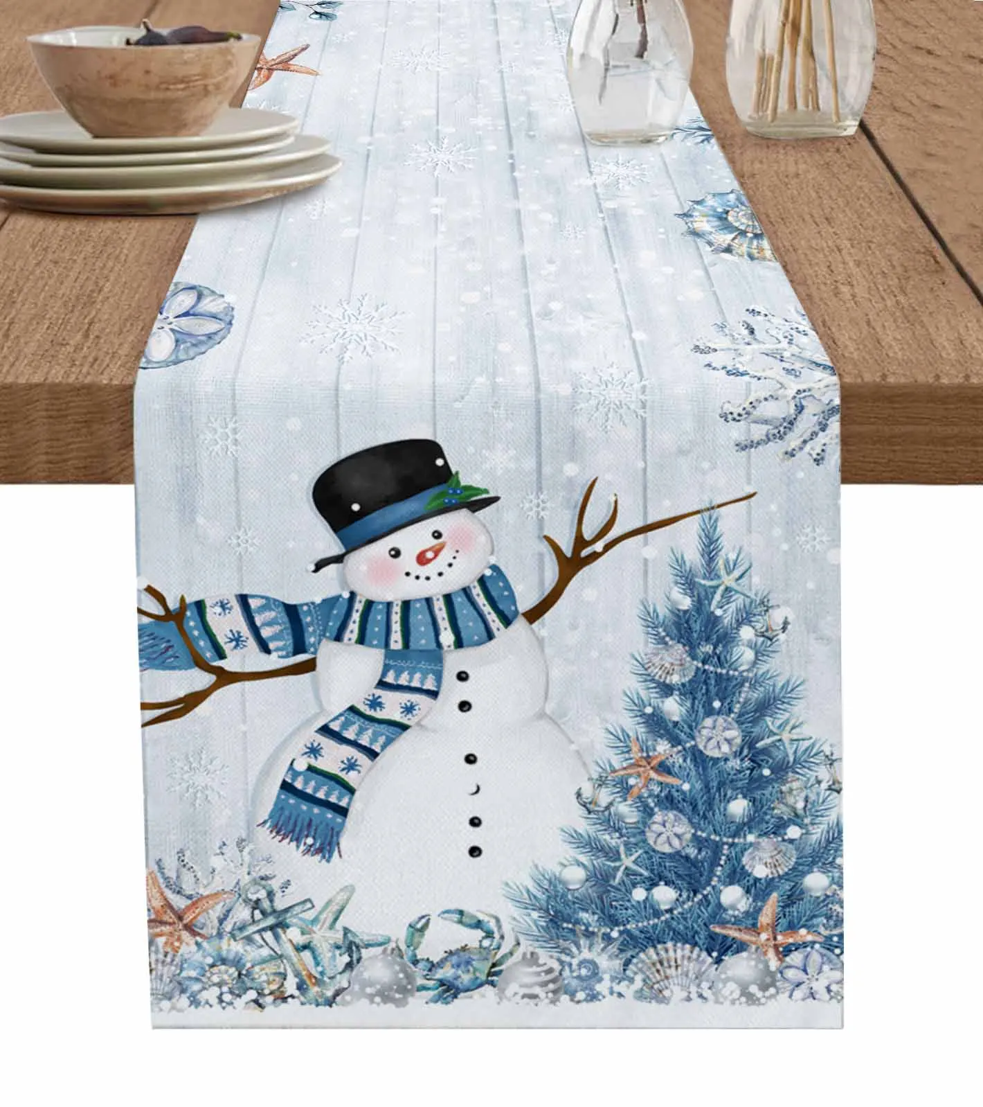 Coral Starfish Christmas Tree Snowman Snowflake Wood Table Runner 2024 Home Decor Tablecloth Xmas Ornament Navidad New Year Gift