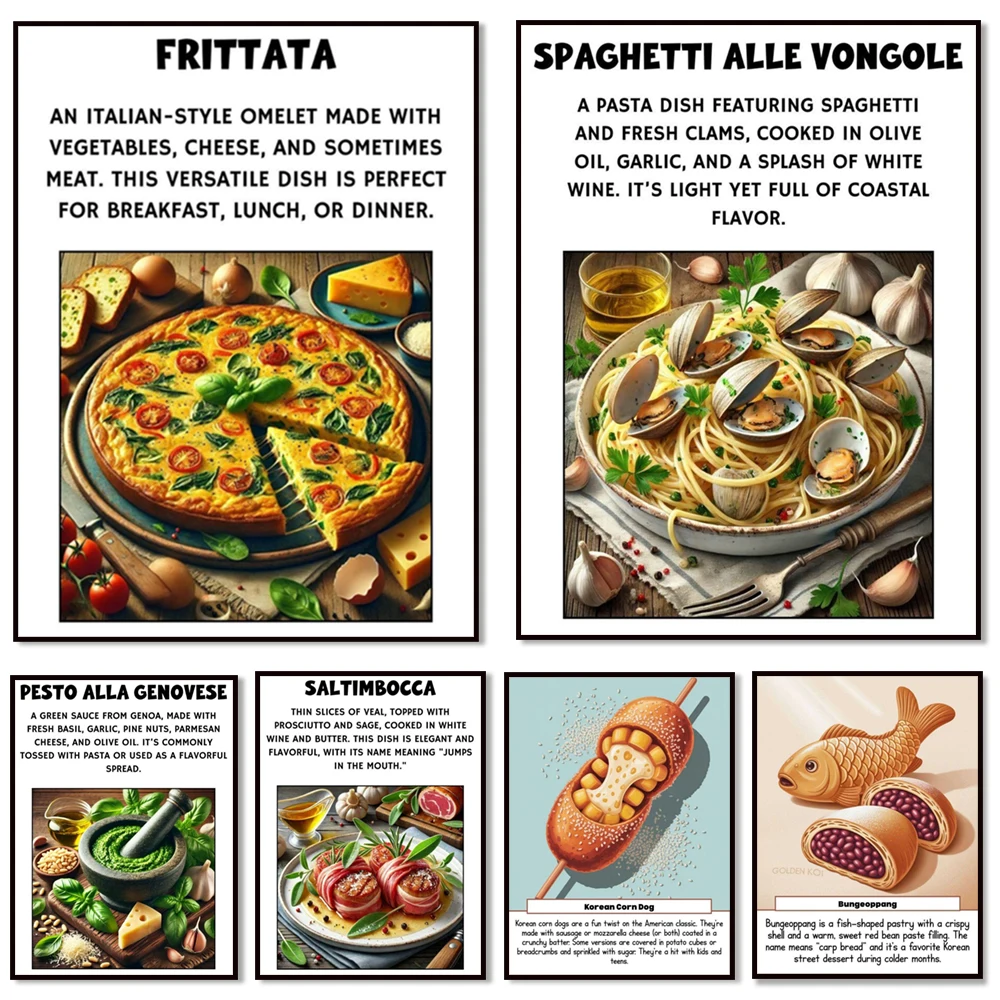 Técnicas de cocina tradicionales coreanas, barbacoa, tortillas de verduras y carne, wontons, sopa de pescado, carteles de comida italiana y coreana