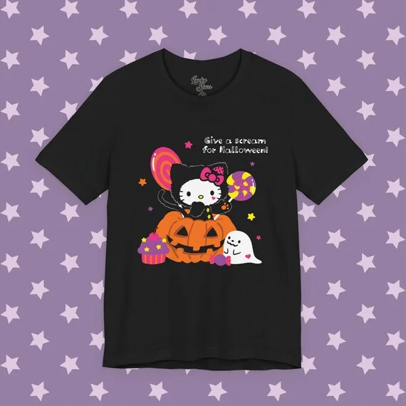Halloween Hello Kitty&Mommy Pumpkin T-shirt Cute Cartoon Spider Web Candy Printed Short Sleeve T-shirt