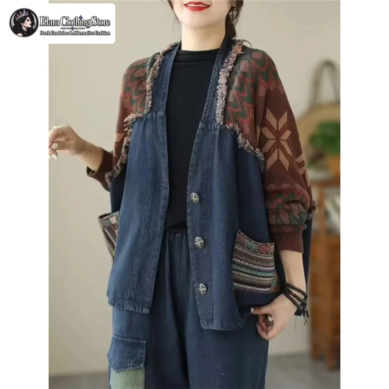 Y2k Artistic Retro Casual Plus Size Women's Denim Jacket Autumn New Style Personalized Knitted Fringed Patchwork Printed Top